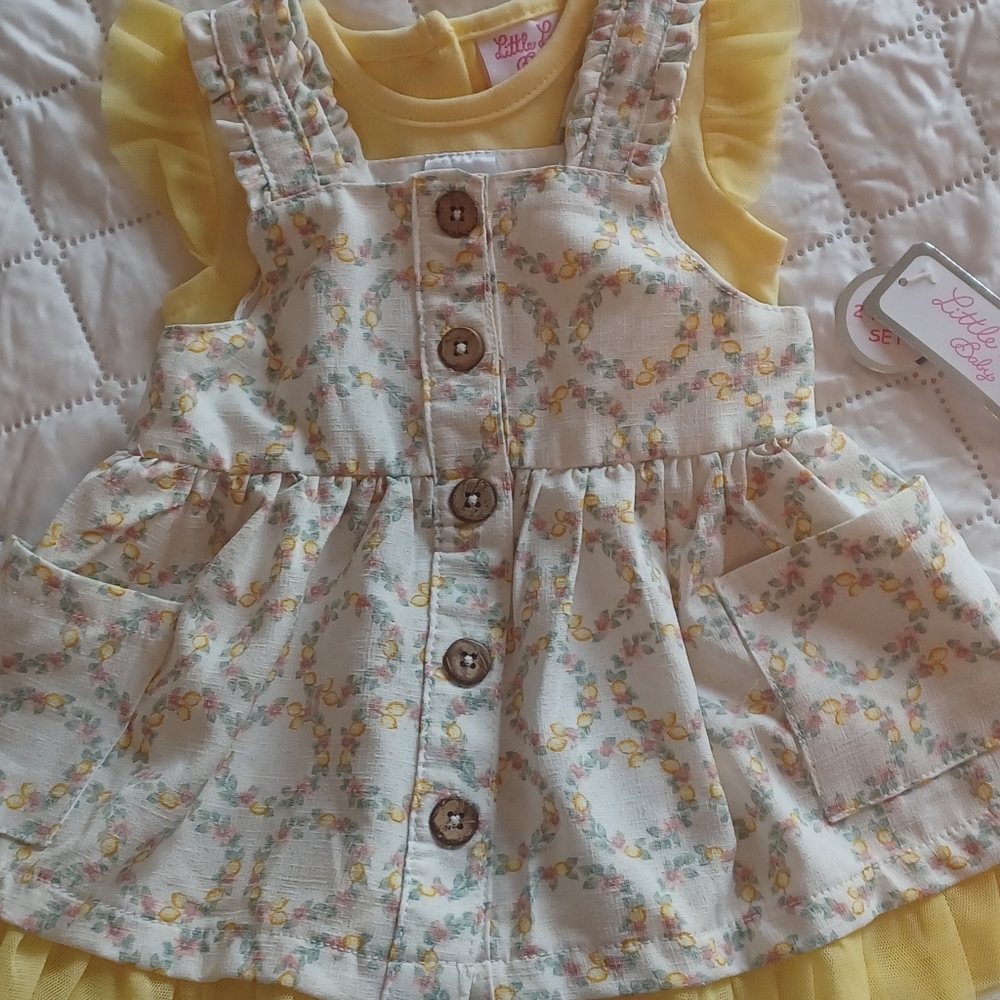 NWT Little Lass Baby Dress Yellow Floral 2pc Set